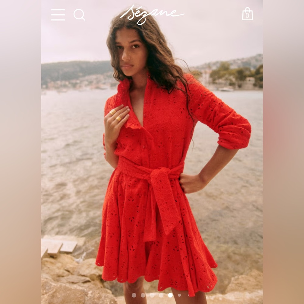 Sézane Vibrant Red Lace Long Sleeve Dress